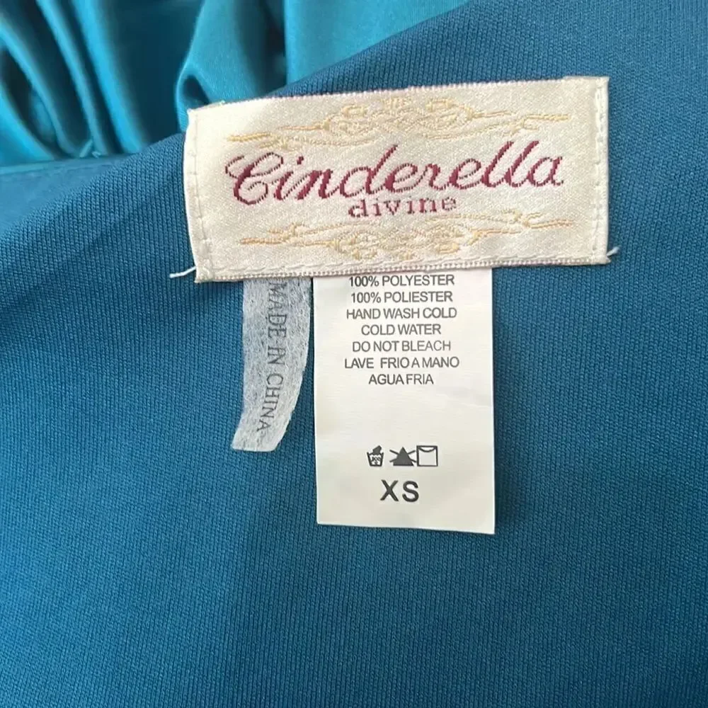 Cinderella Divine Dress XS One Shoulder Teal Green Diamond Floral Ruched Waist